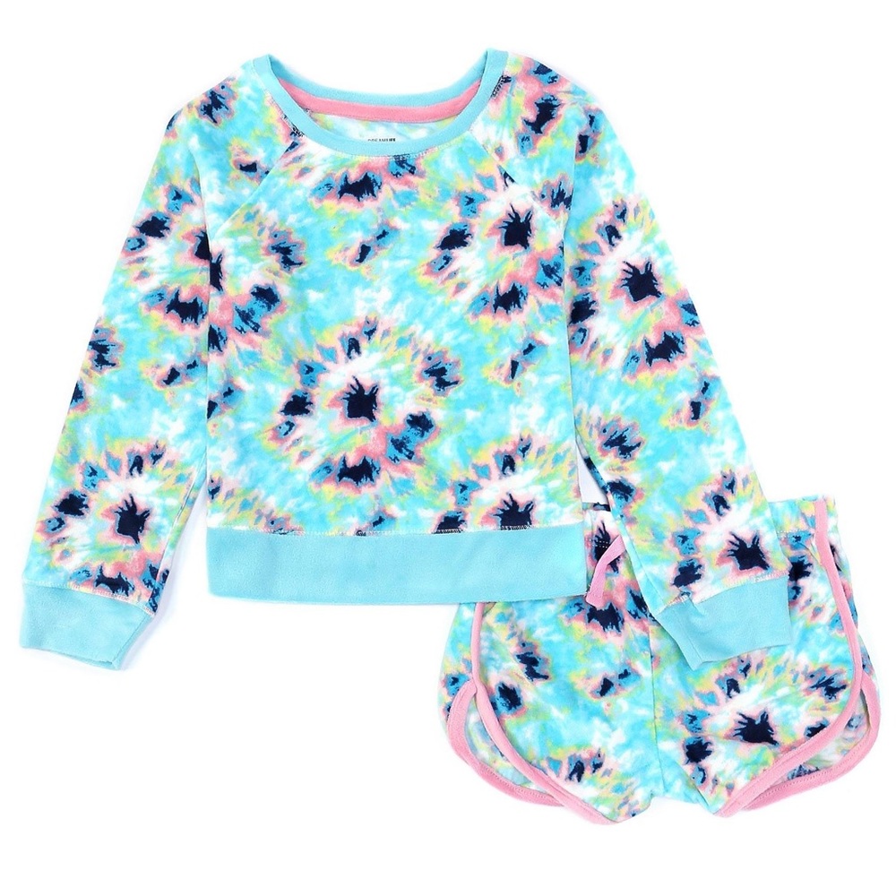 Dreamlife Girls Tie Dye Velour Pajama Set Sz Large Pink Blue Long Sleeve Shorts